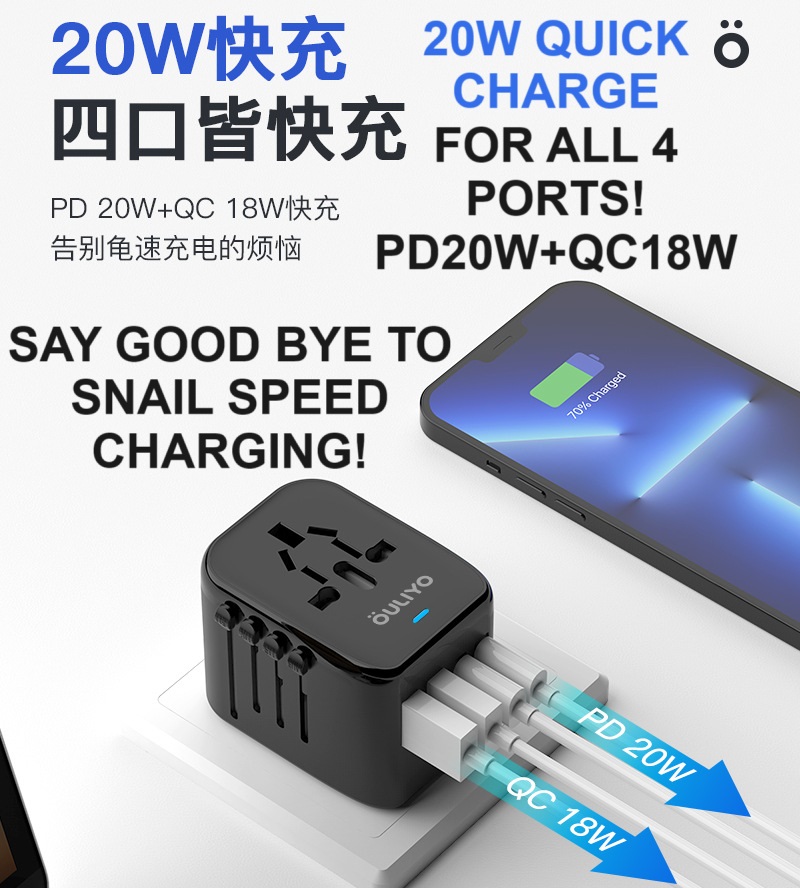 Super Fast Charging Universal UK/AU/US/EU Travel Adapter Travel Charger QC18W PD20W 2 USB 2 Type-C With Fuse HH199 - Image 5